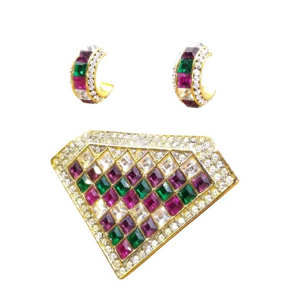 Diamond Shaped Crystal Encrusted Brooch and Matching Hoop Earrings, Colorful - Picture 1 of 4